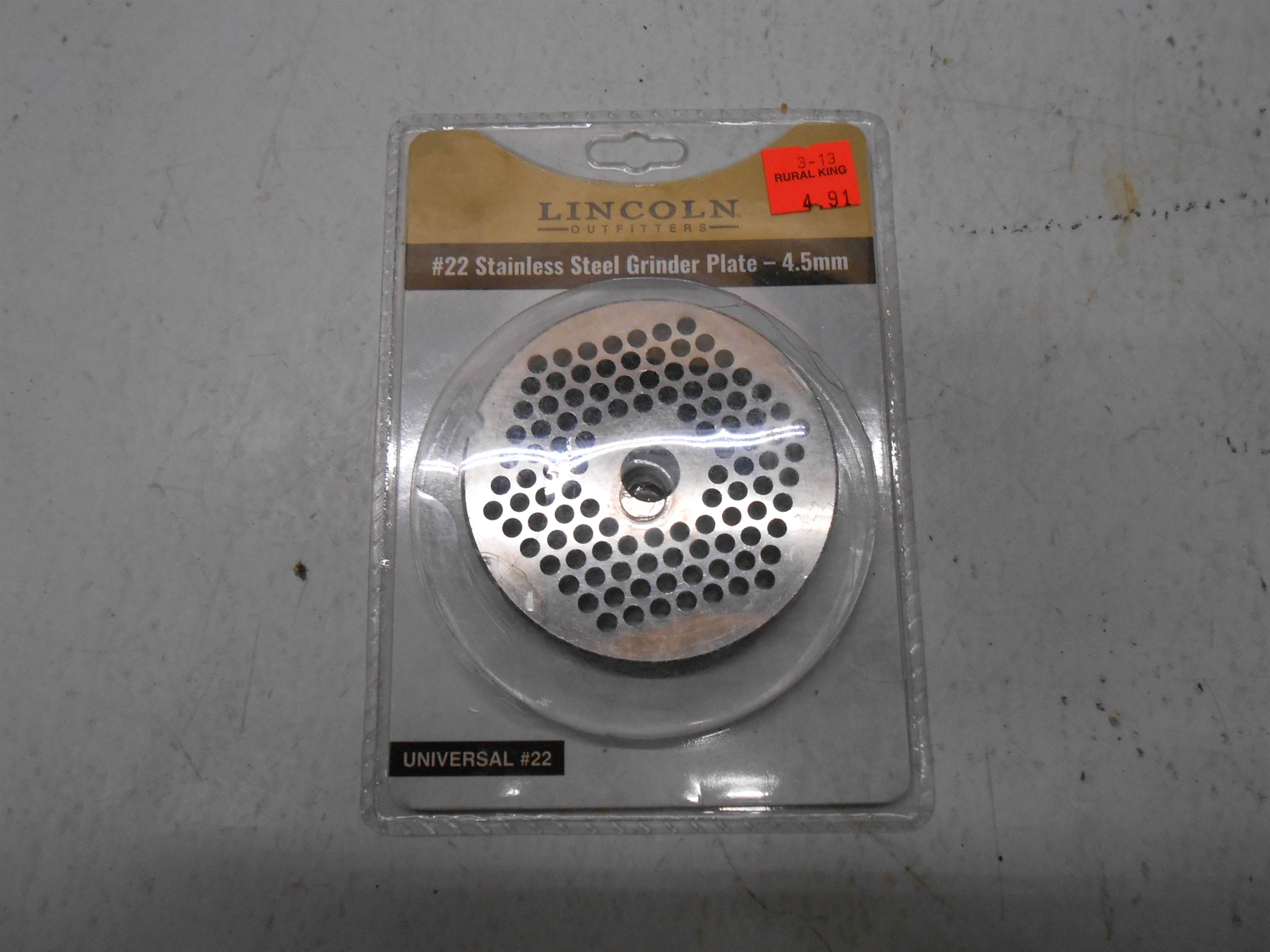 Used #22 Stainless Steel Grinder Plate 4.5mm Lincoln Outfitters for sale small view front thumbnail